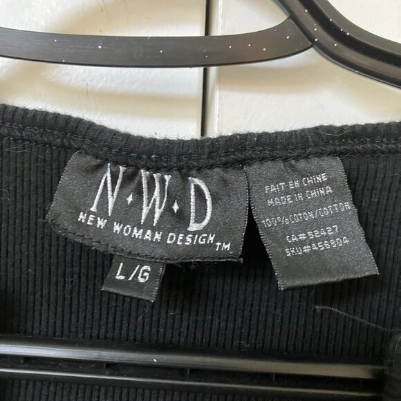 Y2K NWD Ribbed T-shirt Womens Black Short Sleeve Fitted 2000s Cropped Baby Tee - Picture 3 of 6